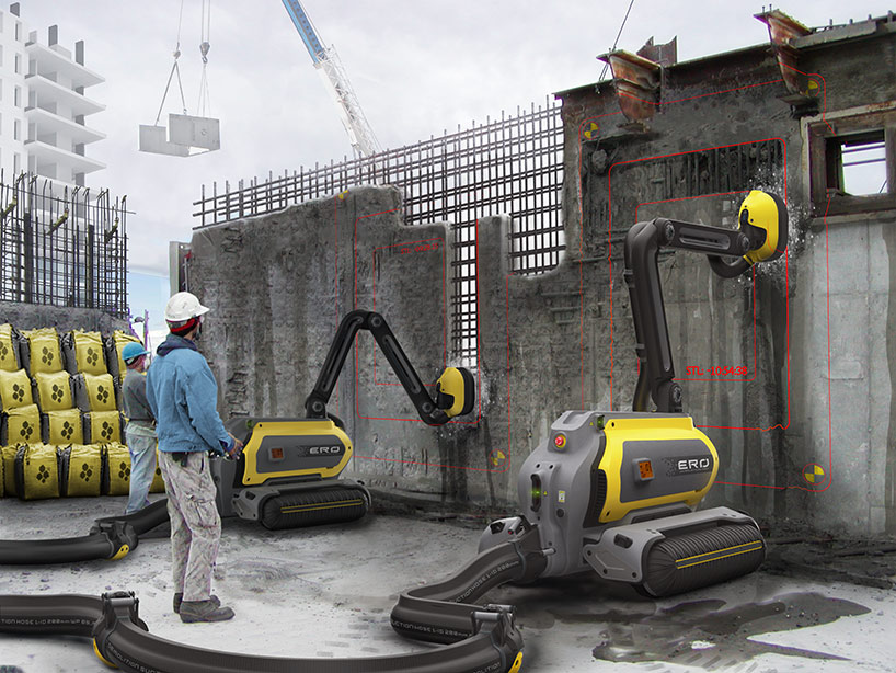 rendering of giant vacuum cleaner machines disassembling a concrete wall