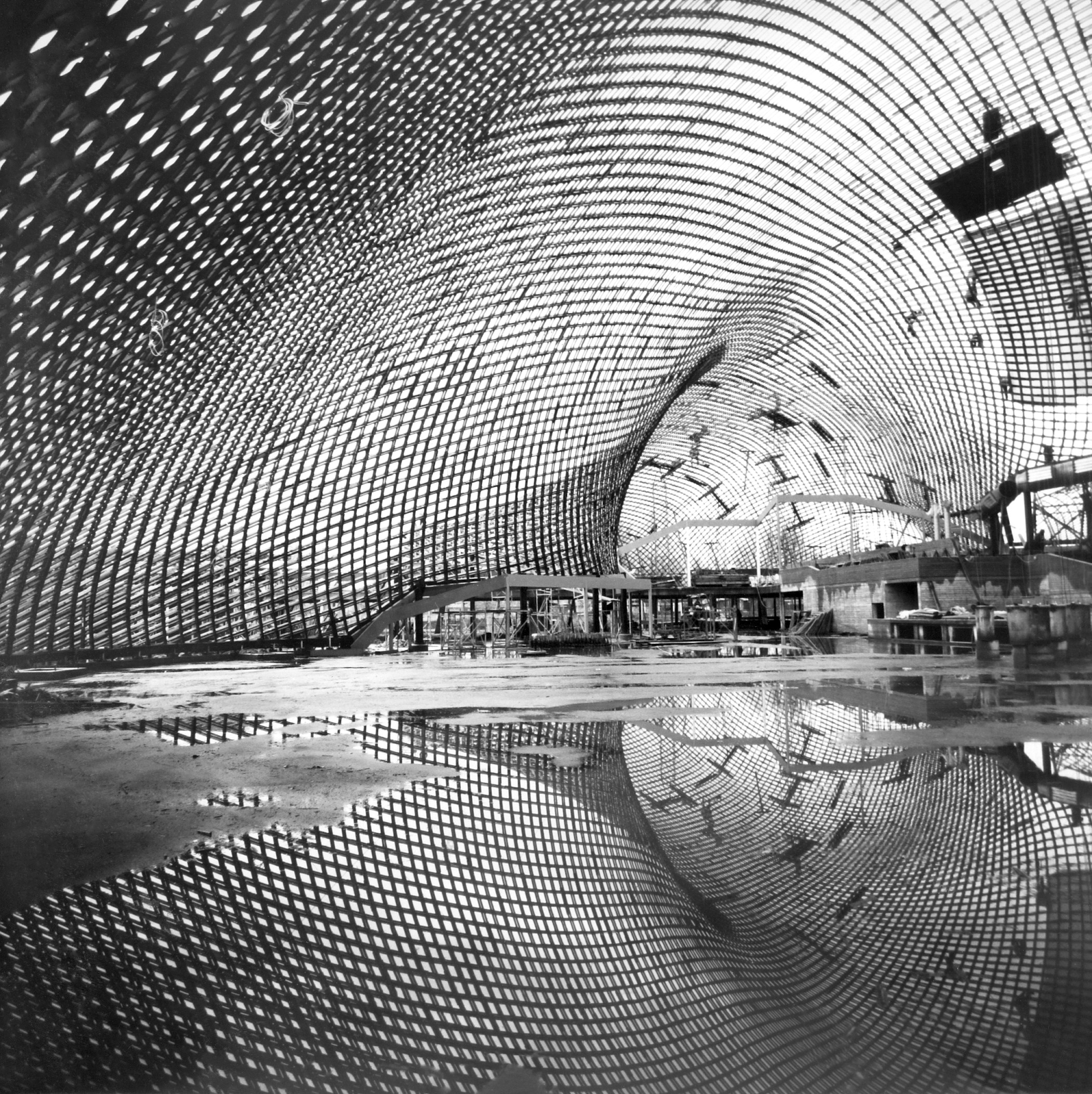 Black and white image of a textured roof for a multi-purpose hall