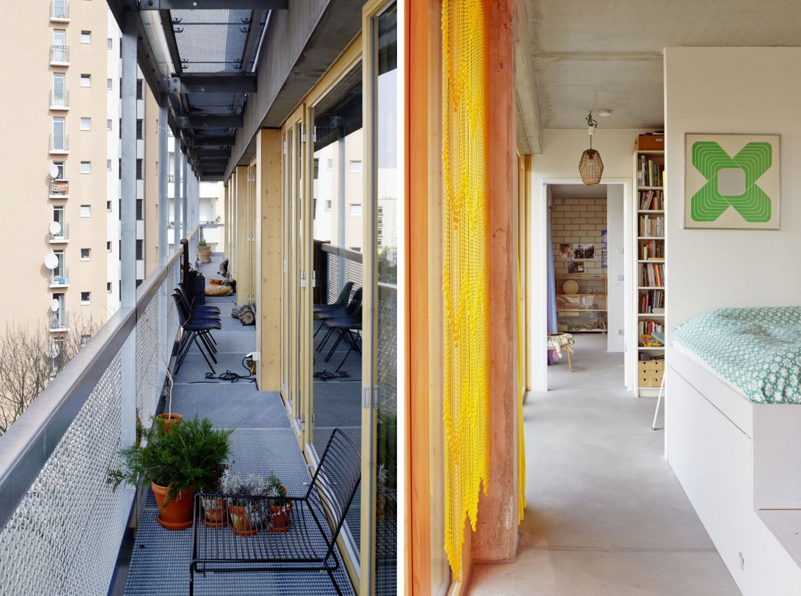 a balcony and a bedroom inside an apartment in a cohousing apartment building