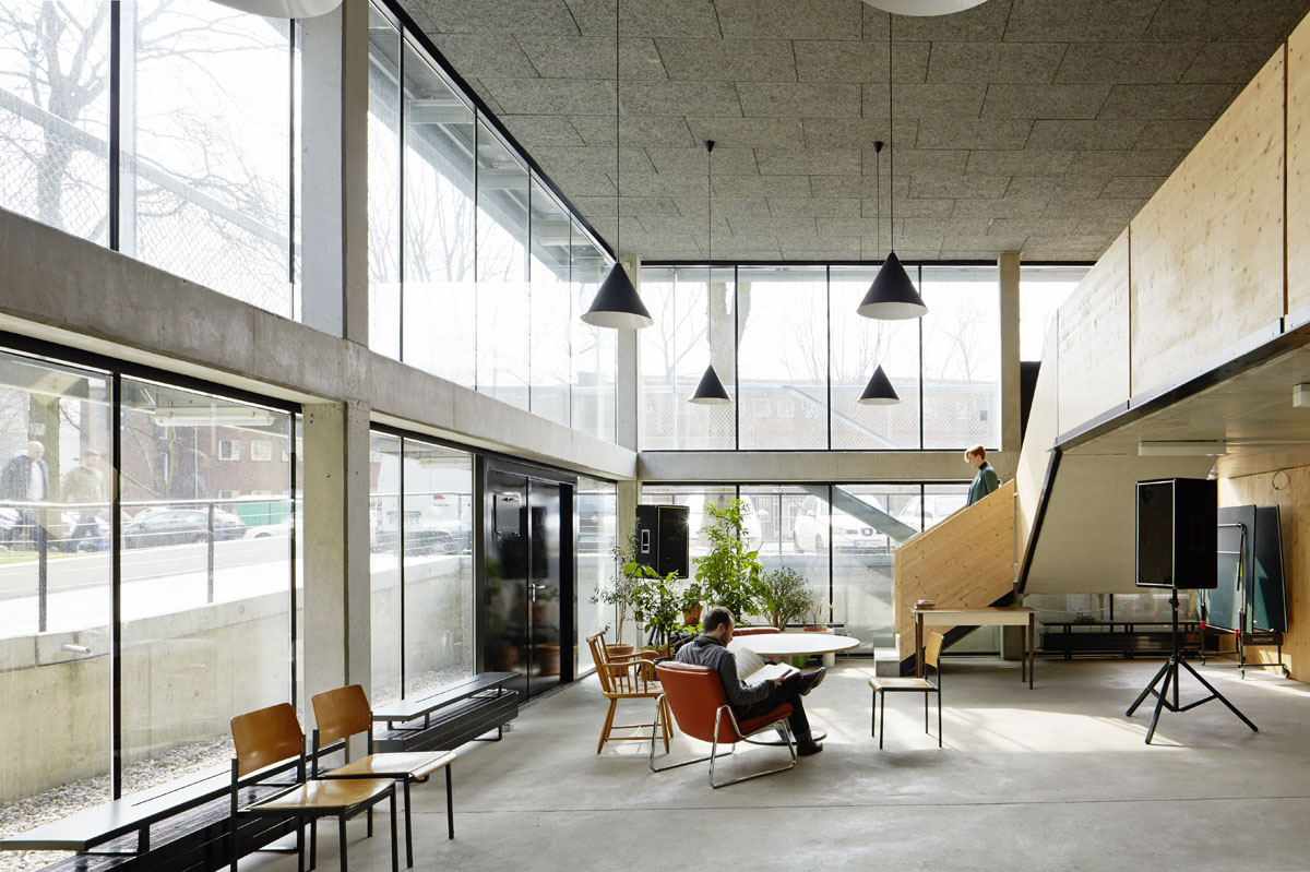 inside a double height public space on the first floor of the building