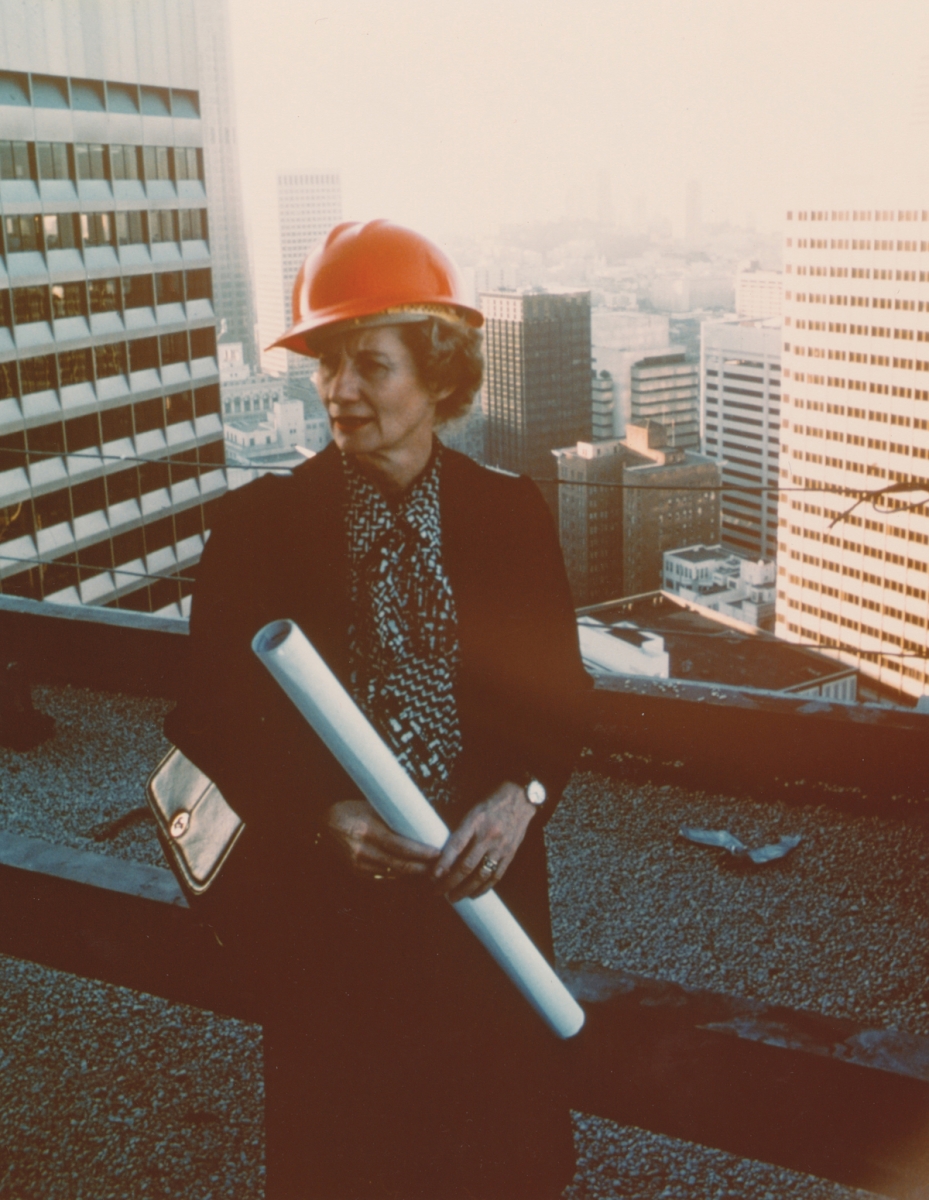 Beverly Willis in hard hat on construction site